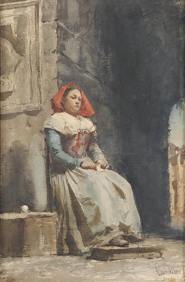 Una giovane donna italiana con un copricapo rosso